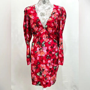 H&M Red and pink floral long puff sleeve midi dress size L.